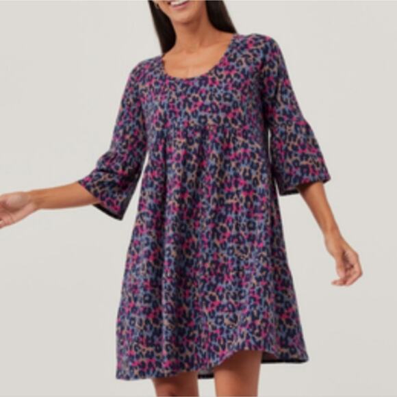Pact NEW Rainbow Leopard Empire Waist Pocketed 3/4 Sleeve  Knit Mini Dress S - Picture 1 of 9